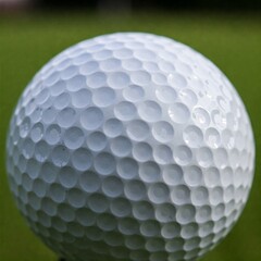 Close-up of a white golf ball with dimples, against a blurred green background, likely grass.