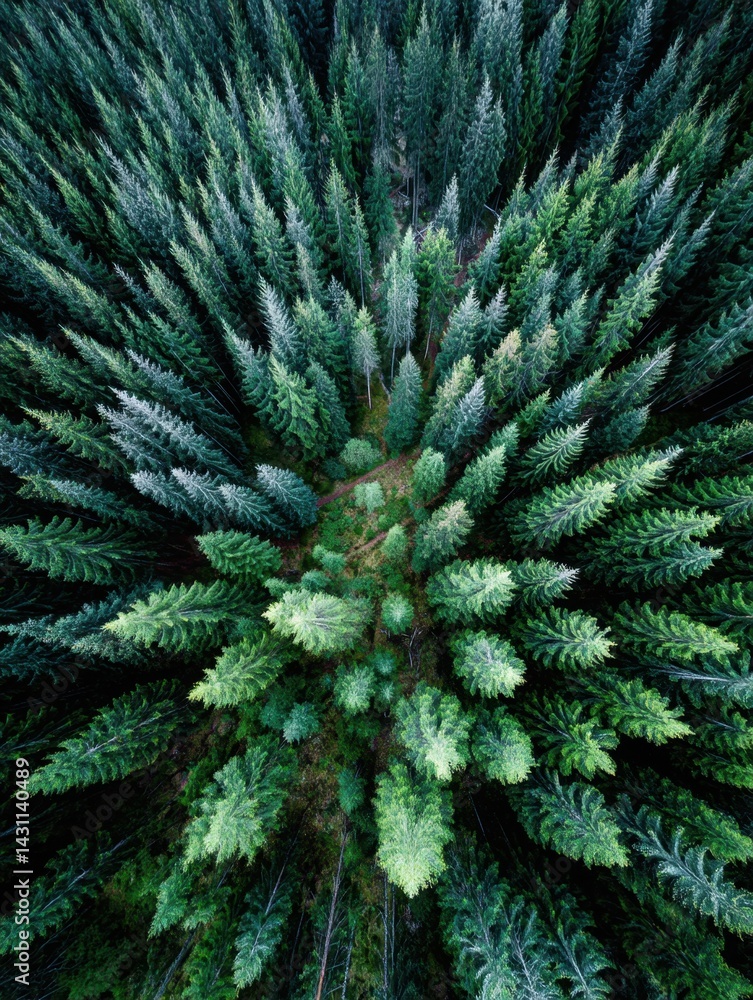 Poster aerial view of dense evergreen forest canopy with lush green trees and natural light creating a sere
