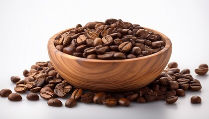 roasted coffee beans in a wooden bowl on white background