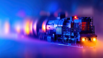 Colorful train model illuminated by soft lights on a track with a blurred background effect