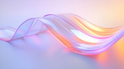 光沢のある透明なリボンが曲線を描き出す洗練された抽象デザイン背景に紫とオレンジのグラデーションライト
