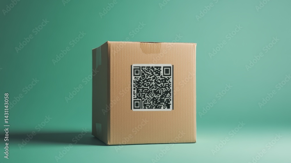 Poster plain cardboard box with qr code on a green background, representing concepts of marketing, technolo