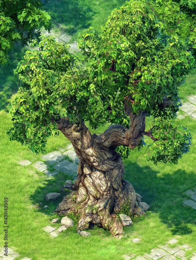 Poster lush green tree with twisted trunk in a vibrant park setting from a high angle showcasing nature's b