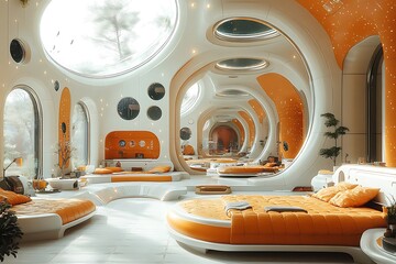 Fototapeta premium Spacious, futuristic interior design with rounded forms and warm orange accents.