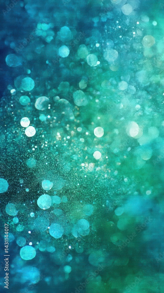 Poster abstract teal and turquoise background with bokeh lights and glitter sparkles for a festive and drea