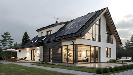 Fototapeta premium High-Tech Residential Building with Black Photovoltaic Panels