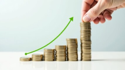 hand adding coin to the highest stack in ascending row of golden coins with green arrow curve showing growth, financial investment planning concept, wealth management, economic strategy