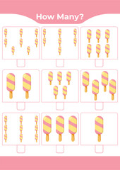 Counting activity for children “How many?” Learn numbers with sweet ice cream A fun educational sheet for early math practice A fun counting game for preschoolers and kindergarteners