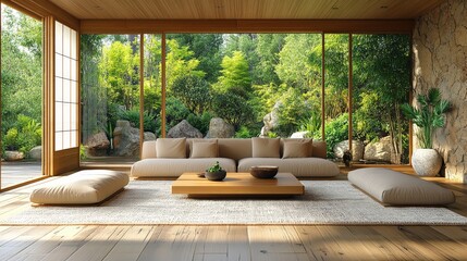 Zen-like Living Room with Garden View