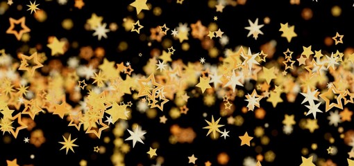 Shimmering gold stars on black background. Festive, celebratory, magical.