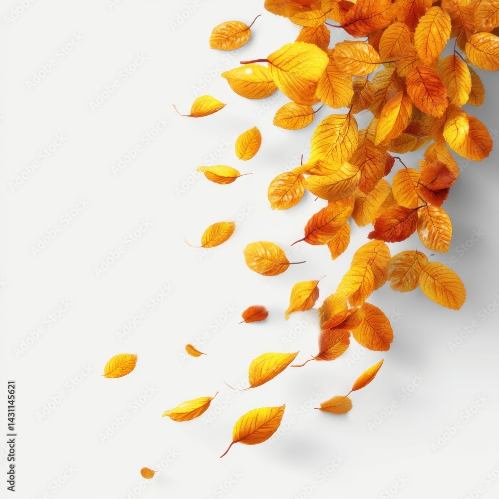 Poster autumnal cascade of golden leaves on pristine white backdrop creating a serene and seasonal atmosphe