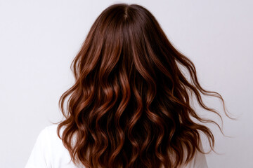 Naklejka premium Wavy brown hair cascading down back of person wearing white shirt, showcasing healthy scalp and stylish hair