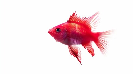 Fototapeta premium A vibrant ruby red peacock cichlid swimming gracefully, showcasing its bright red scales and intricate fin details, isolated against a clean white background