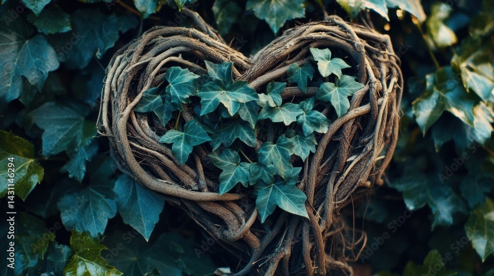 Poster entangled roots and fresh green leaves form an abstract heart symbolizing natures love and connectio