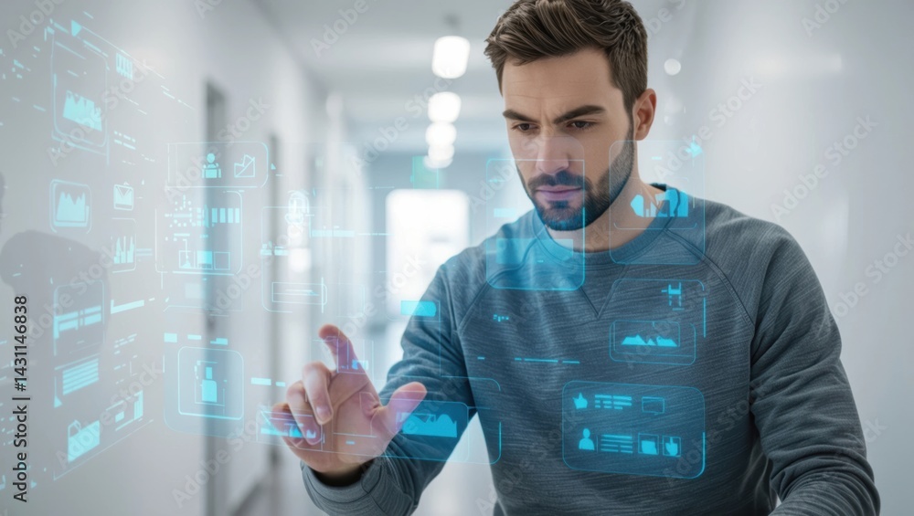 Poster a focused man interacts with a holographic interface displaying data and images, suggesting advanced