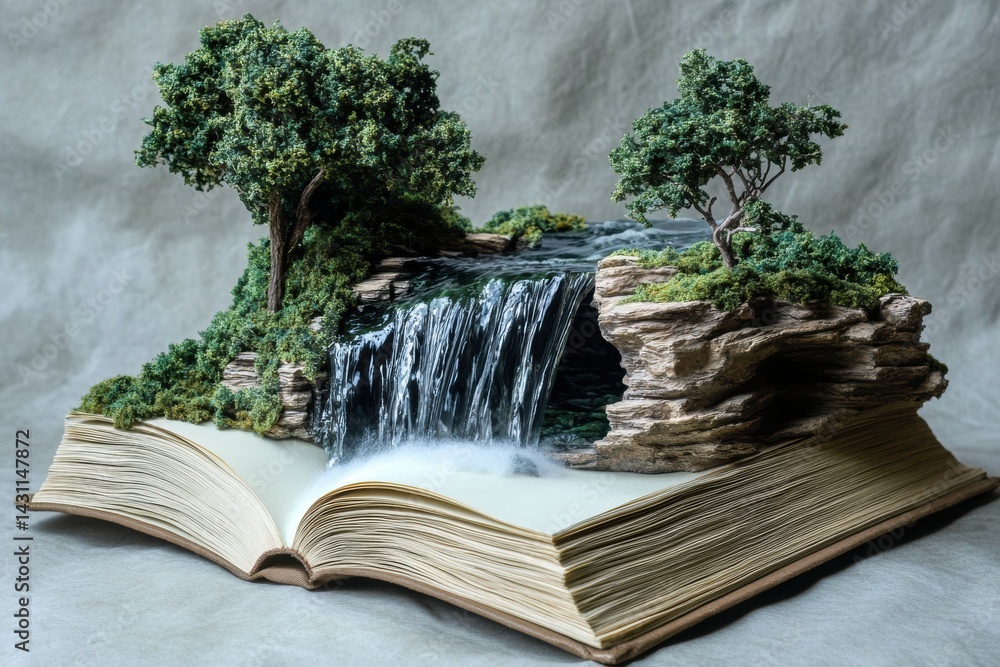 Poster creative waterfall flowing from a book with nature details showcasing knowledge and imagination gene