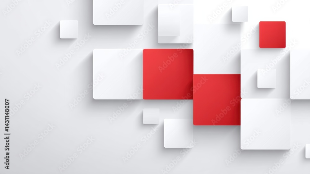 Poster a minimalist design featuring overlapping squares in red and white against a subtle background, crea