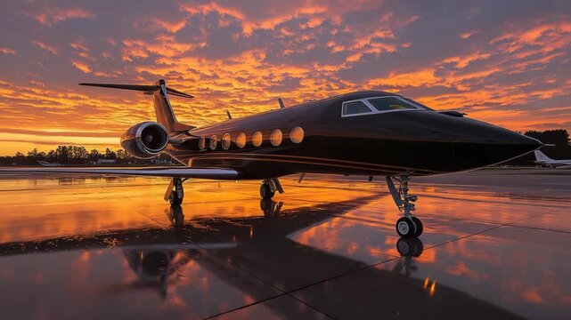 Black private jet on runway at sunset