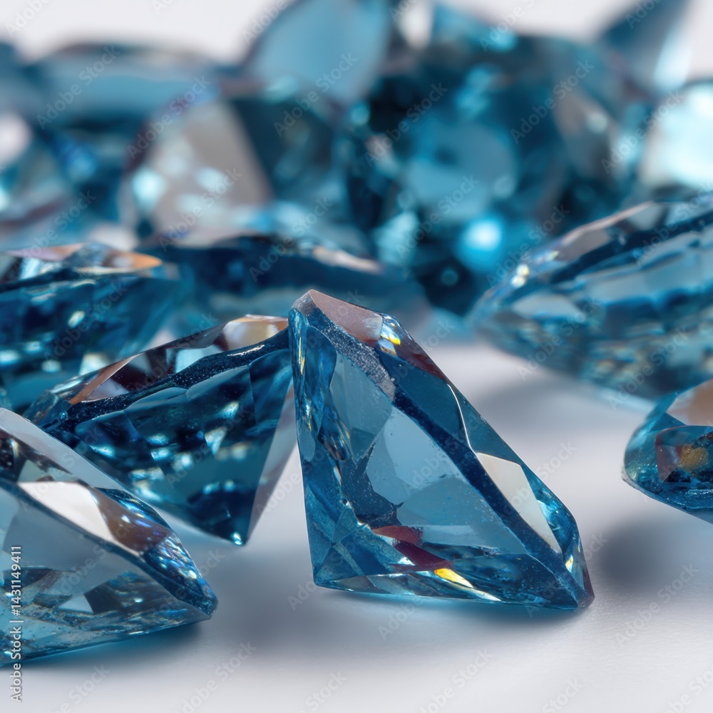Poster captivating close up of sparkling light blue gemstones on a white surface showcasing facets and bril