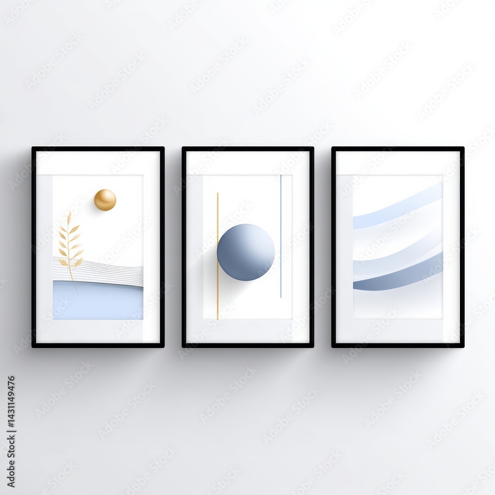 Poster abstract art triptych featuring geometric shapes and soft colors, creating a modern and minimalist a