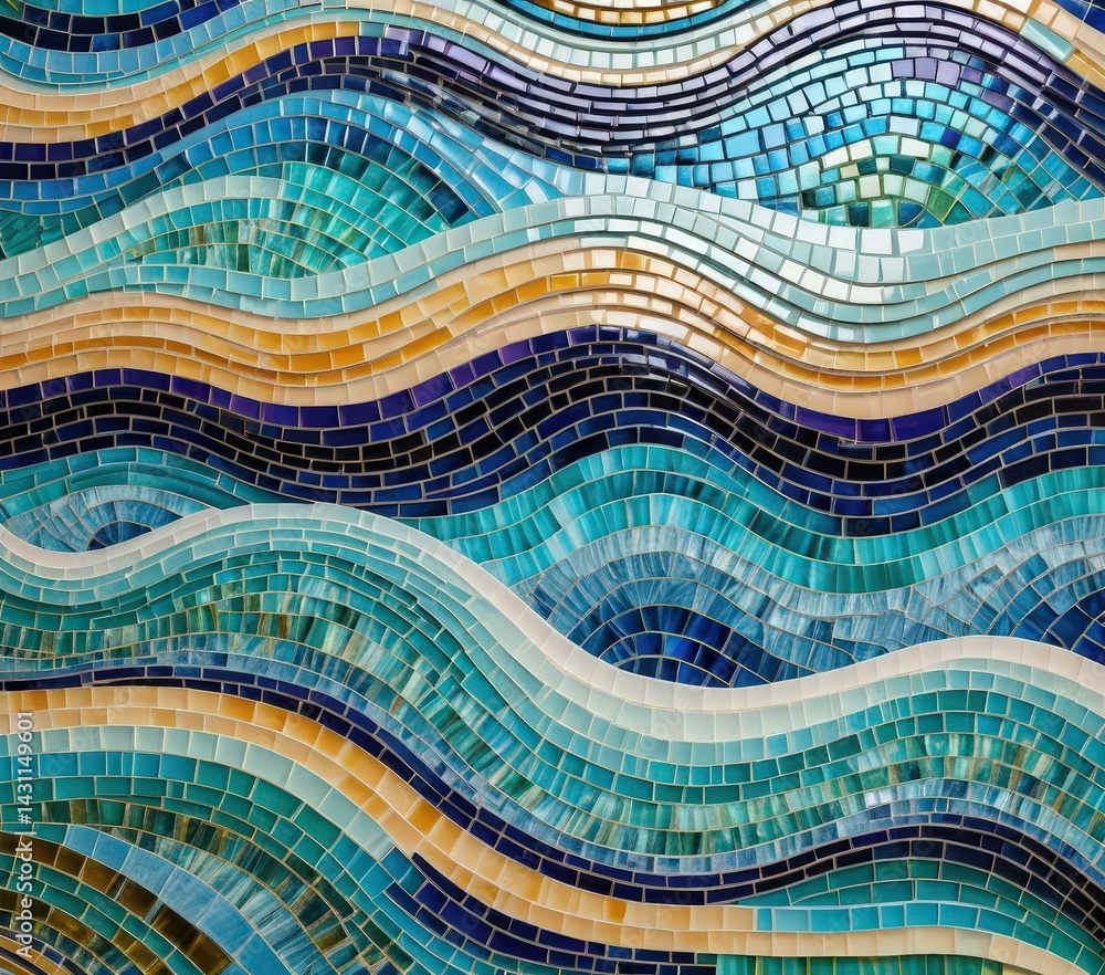 Poster a vibrant mosaic wall featuring intricate patterns of blue and yellow waves, creating a dynamic and 