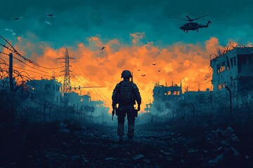 Obraz premium Soldier Back View Walks in Ruined Cityscape with Helicopters and Barbed Wire Fences
