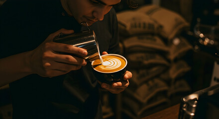 Skilled barista creating latte art in a cozy cafe warm lighting and coffee aroma fill the air coffee shop vibes