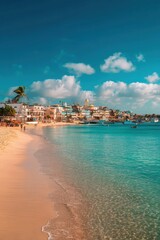 Serene tropical beach vista showcasing turquoise water golden sand and vibrant coastal architecture under a clear blue sky creating a tranquil vacation backdrop