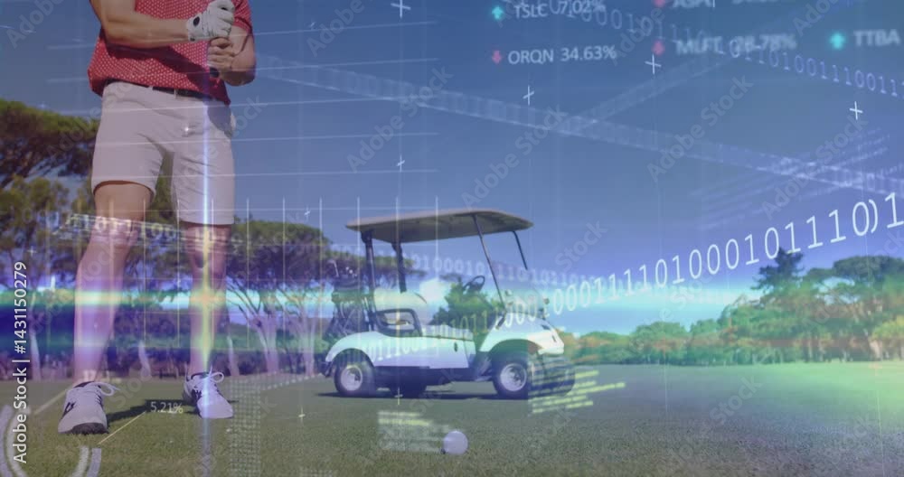 Poster man swinging golf club on fairway, displaying sports tech data with binary code lines and arrows