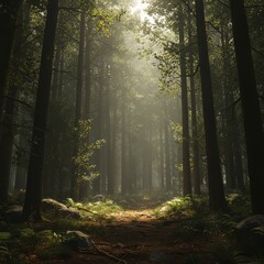 Naklejka premium Walking Path Through Sunlit Forest with Tall Trees and Greenery