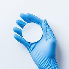 A hand in a blue glove holds a blank round disc