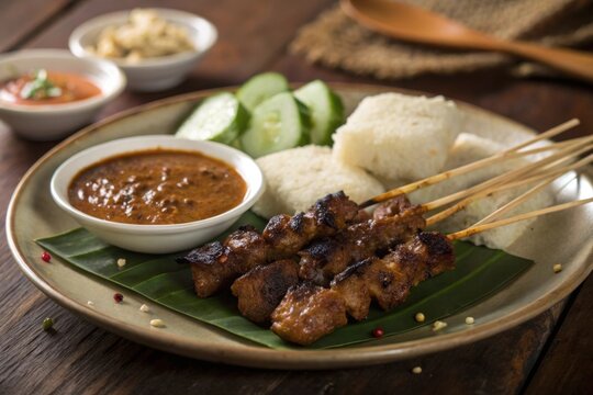 Delicious Chicken Satay with Peanut Sauce and Nasi Impit