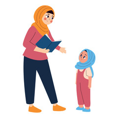 Muslim Teacher Guiding Hijab Girl Education Classroom Reading Learning Instruction