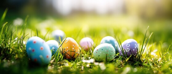 Colorful easter eggs nestled in vibrant green grass bathed in warm sunlight creating a cheerful and festive spring atmosphere perfect for holiday celebrations and seasonal themes