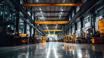 Spacious Industrial Interior with Concrete Floor and Steel Beams, Atmospheric Lighting, Warehouse Environment with Depth