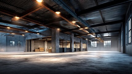 Spacious Industrial Interior with Concrete Floor and Steel Beams, Atmospheric Lighting, Warehouse Environment with Depth