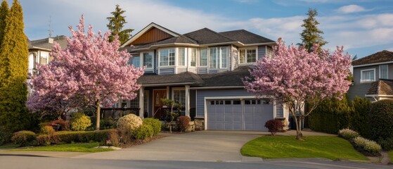 Beautiful suburban home with blooming cherry trees under a bright sky showcasing springtime charm and architectural elegance in a serene neighborhood setting