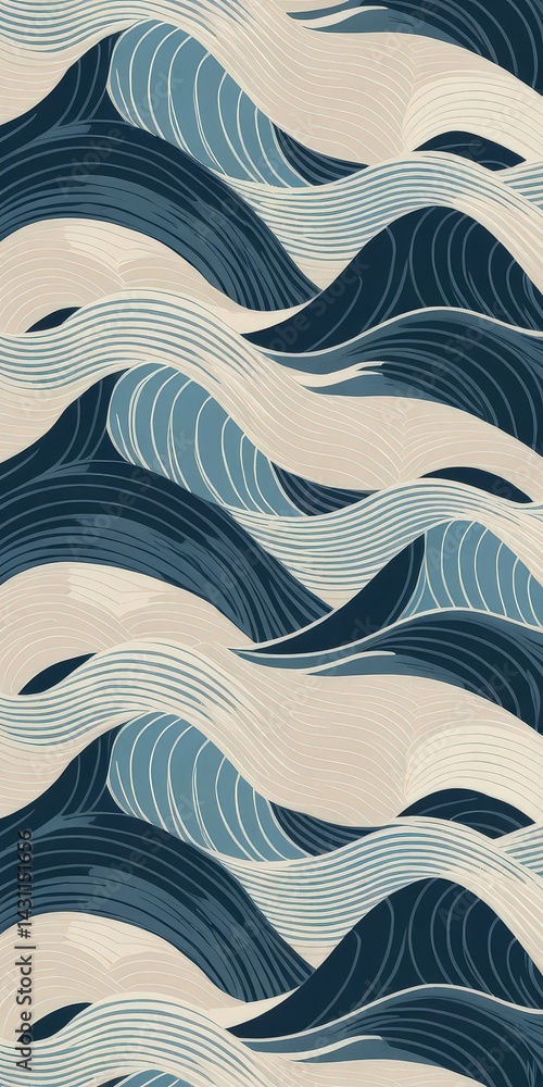 Poster a close-up view of a fabric featuring a seamless pattern of undulating waves, showcasing intricate c