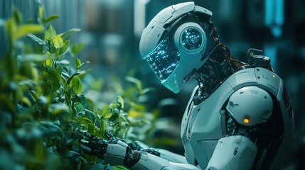 Fototapeta premium AI gardener robot in smart greenhouse