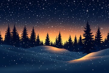 Fototapeta premium Snowy Night Landscape with Pine Forest Silhouette & Falling Snow Under Starry Sky