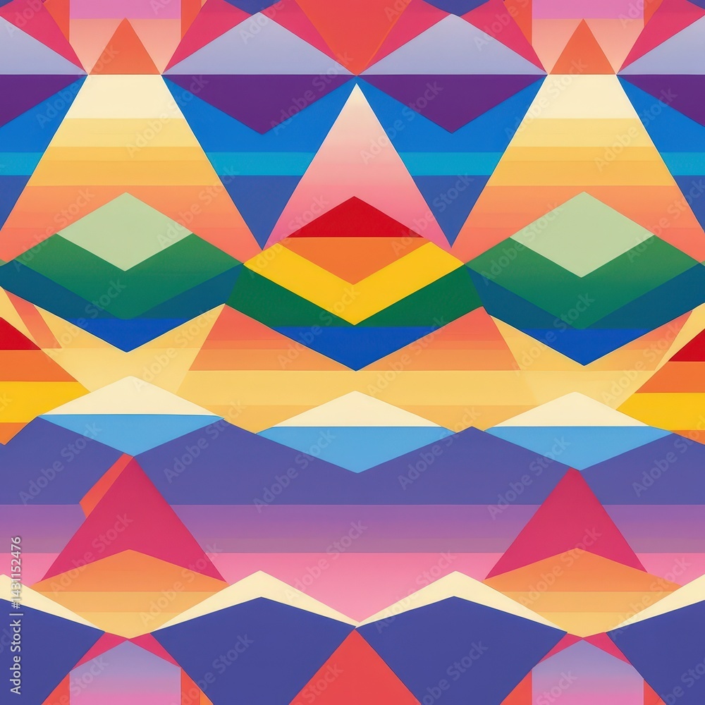 Poster a vibrant pattern featuring an array of triangles in various colors, interspersed with stylized moun
