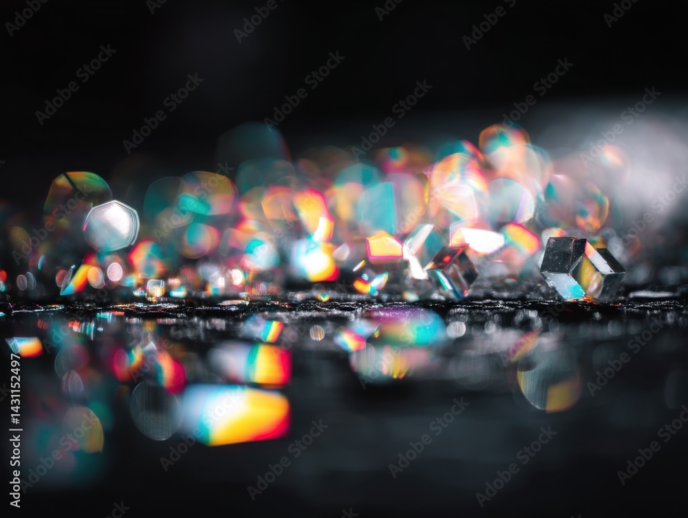Poster captivating bokeh lights and crystal cubes on a dark surface creating a mesmerizing abstract scene w
