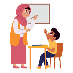 Muslim Teacher Explaining Lesson To Student Desk Learning Education Hijab Woman