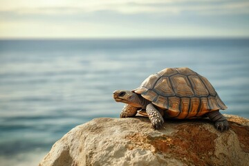 Obraz premium A tortoise rests on a rock overlooking a serene ocean, enjoying the tranquil coastal view.