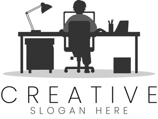 Person Working at Desk Creative Office Workspace Design job art lamp grey logo icon room  