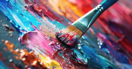 Fototapeta premium Close-up of a brush blending vibrant acrylic paint on a textured canvas.