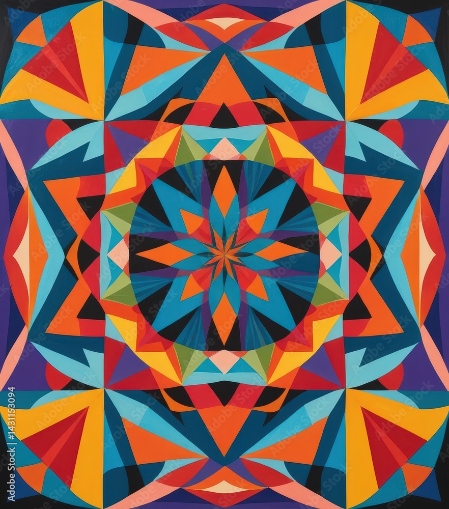 Poster a vibrant, colorful geometric design featuring interlocking shapes in various hues, creating a dynam