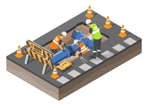 Technicians repairing underground water pipeline beneath city road to ensure efficient utility service and prevent infrastructure disruption isometric cartoon