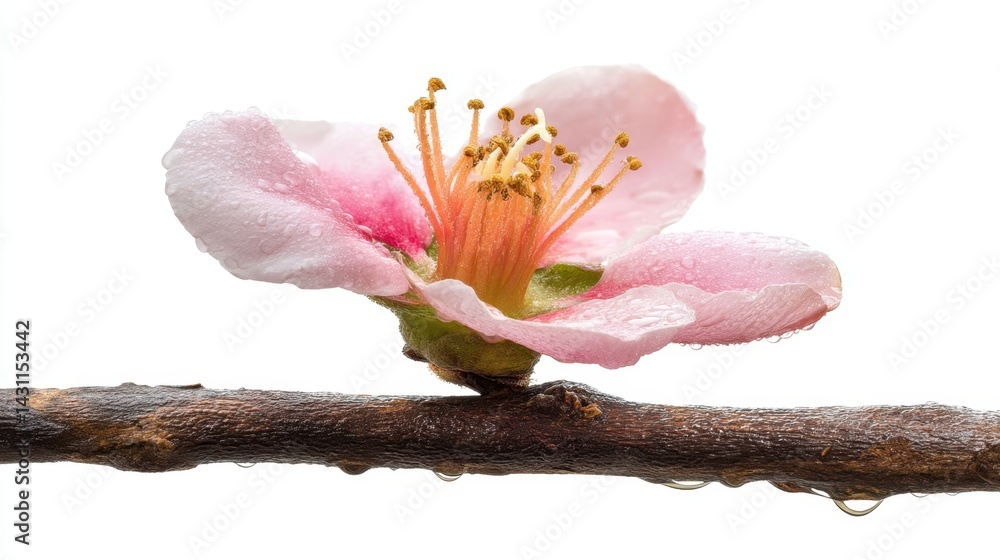 Poster delicate pink cherry blossom with water droplets on a branch against a stark white background captur