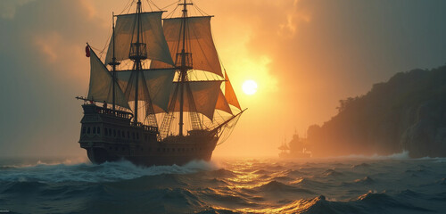 Obraz premium Sunset Waves: An old galleon sails resolutely under the setting sun.